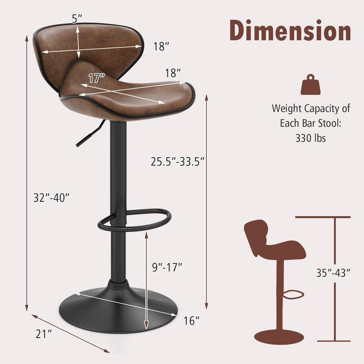 Set of 2 Adjustable Bar Stools Swivel Bar Chairs Pub Kitchen Brown Image 3