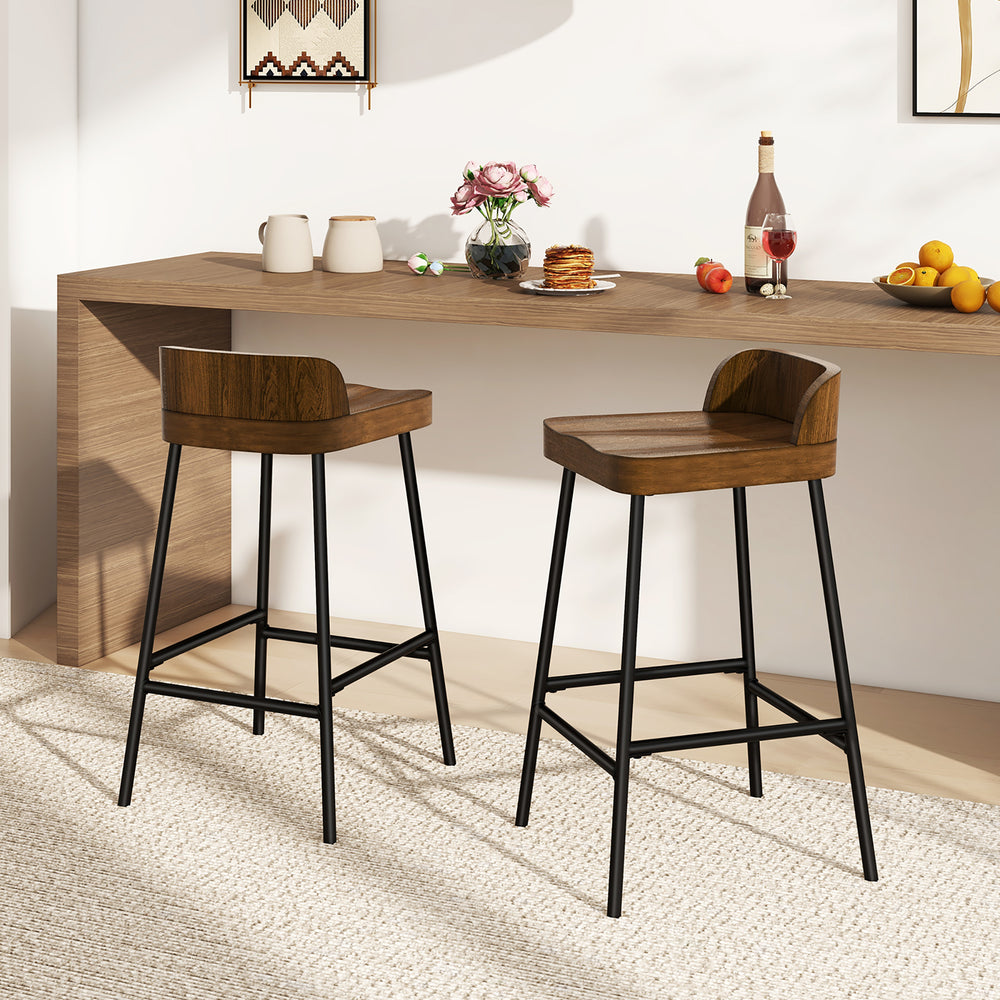 24.5Bar Stool Set of 2 Armless Bar Chair w/ Backrest Footrest and Metal Frame Cafe Image 2