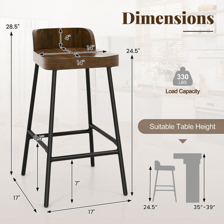 24.5Bar Stool Set of 2 Armless Bar Chair w/ Backrest Footrest and Metal Frame Cafe Image 3