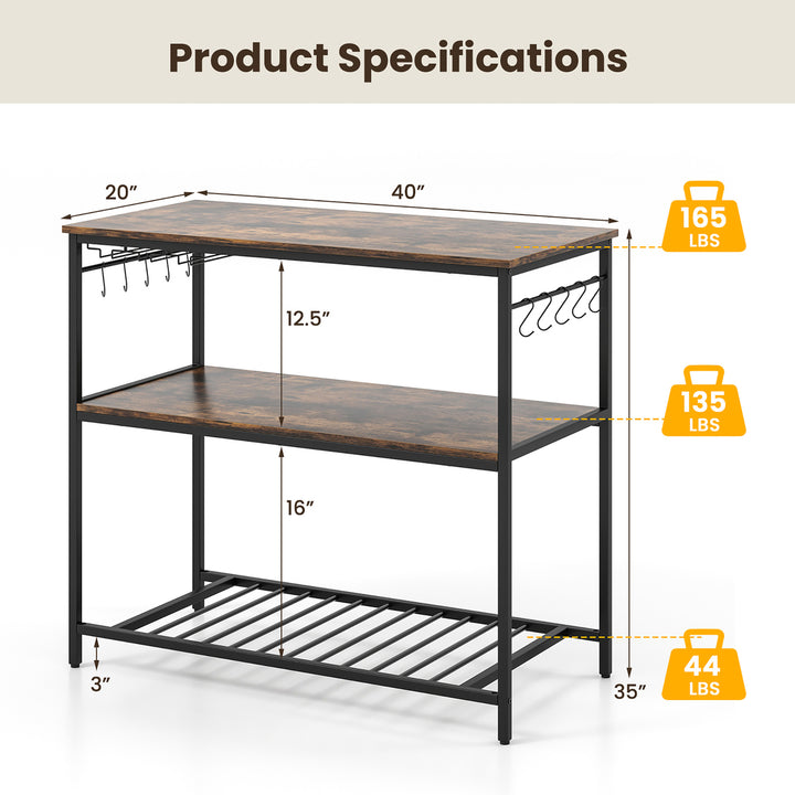 Kitchen Island 3-Tier Prep Table with Wine Glass Holders Large Worktop Image 3