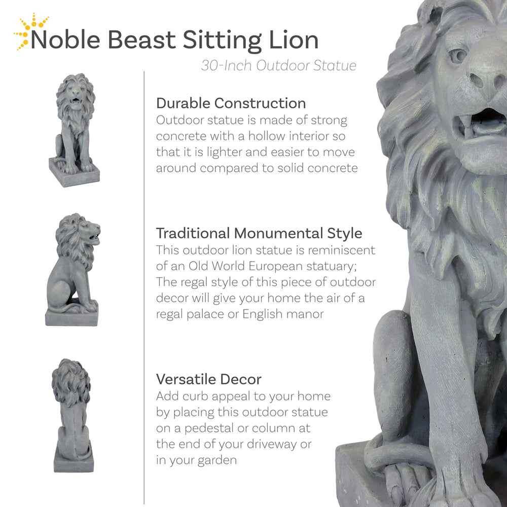 Sunnydaze Noble Beast Sitting Lion Outdoor Concrete Statue - 30 in Image 2