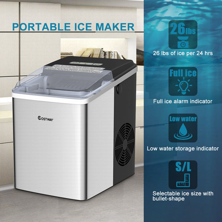 Stainless Steel Ice Maker Countertop 26Lbs/24H Self-Clean Function W/Scoop Image 6