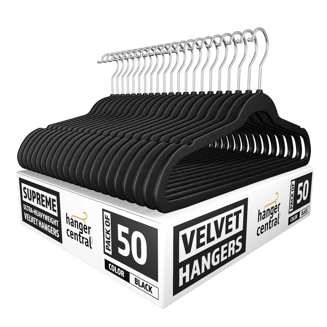 Velvet Heavy Weight Clothing Hanger, 50 Pack, Black Image 1