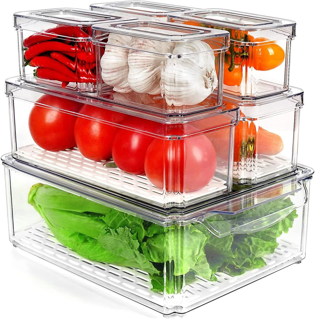 "7-Piece Stackable Fridge Organizer Set with Lids - Clear Plastic Bins for Refrigerator Storage, Pantry Organization - Image 1