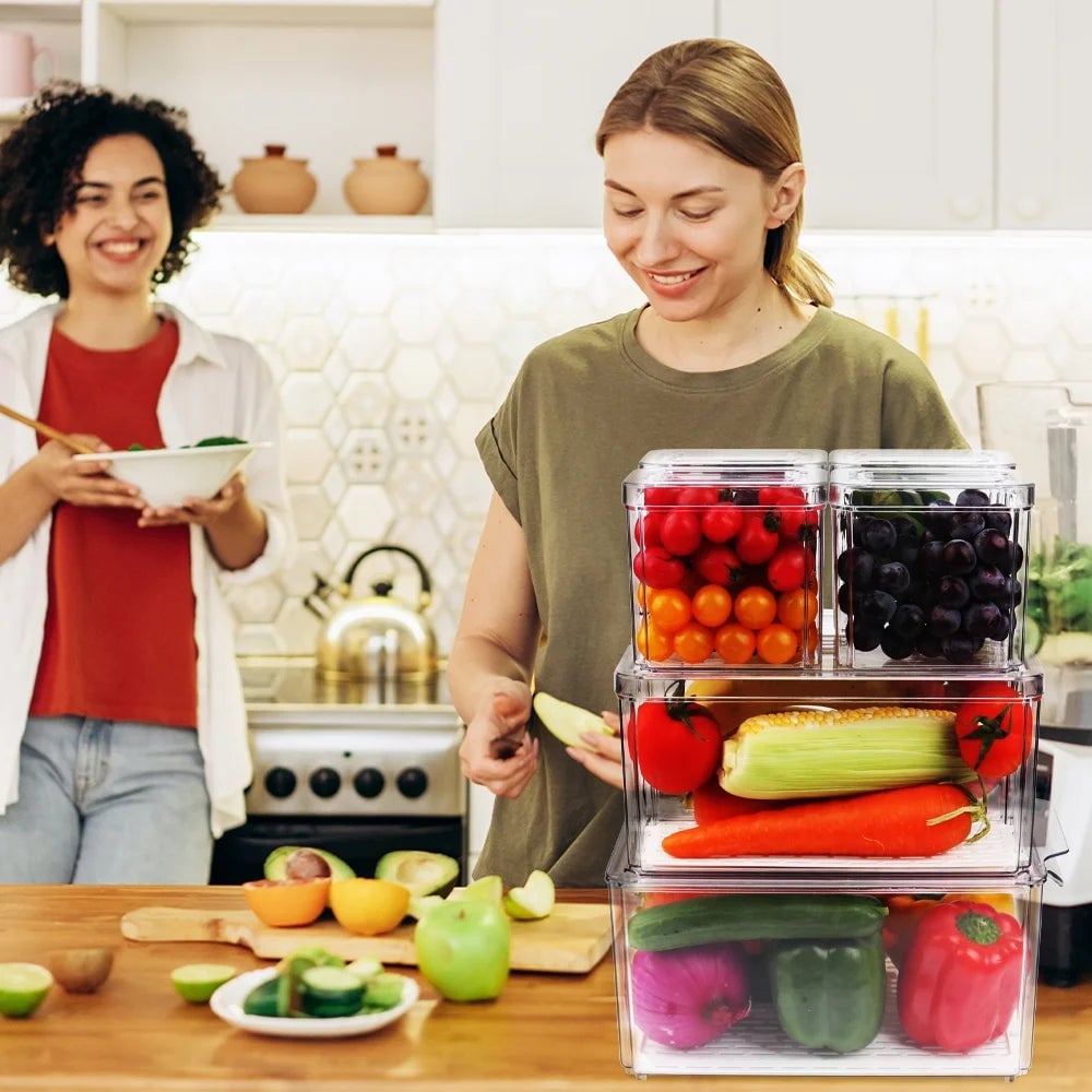 "7-Piece Stackable Fridge Organizer Set with Lids - Clear Plastic Bins for Refrigerator Storage, Pantry Organization - Image 3