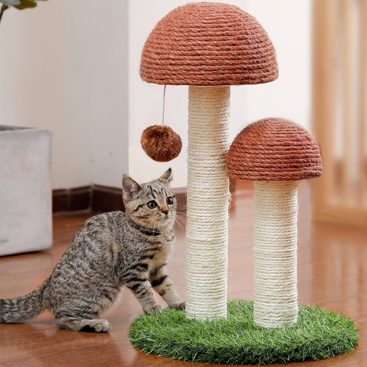 2 Mushrooms Cat Scratching Post 19" Sisal Claw Scratcher for Kittens and Small Cats, Brown Image 1