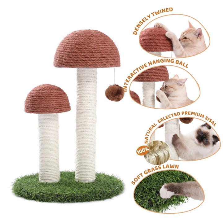 2 Mushrooms Cat Scratching Post 19" Sisal Claw Scratcher for Kittens and Small Cats, Brown Image 2