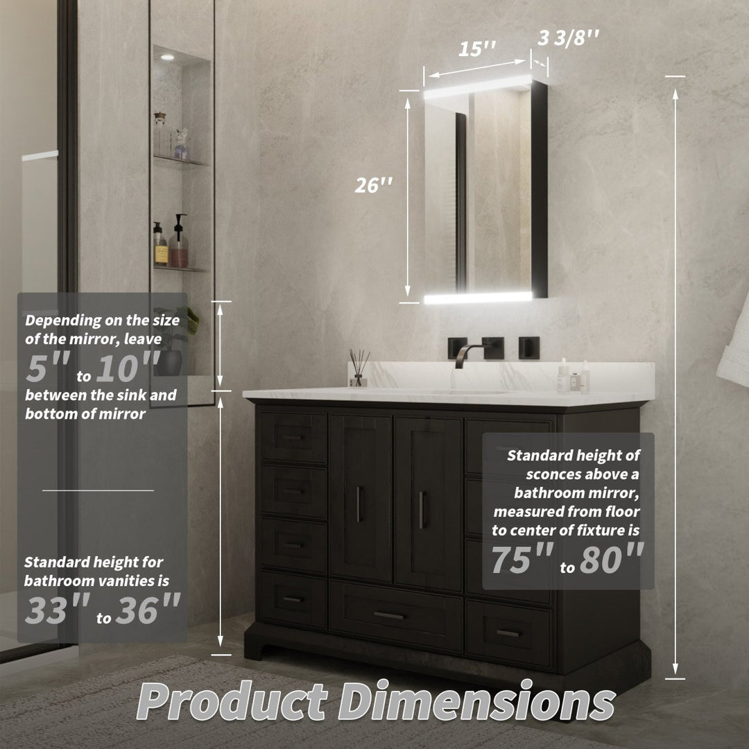 ES-DIY 15 in. W x 26 in. H Medicine Cabinet,for surface mounting,Aluminum alloy matte black,single color temperature Image 2