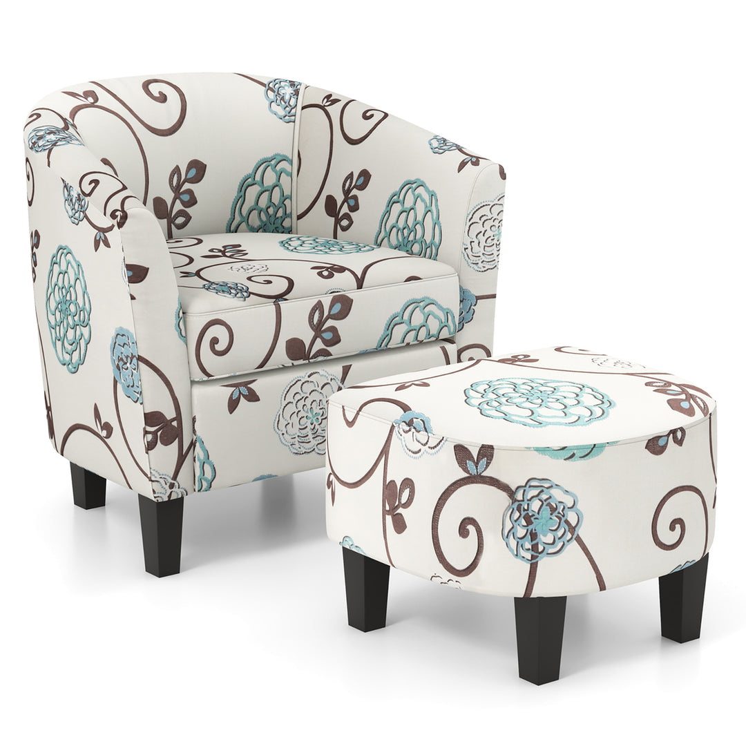 Modern Accent Tub ChairandOttoman Set Fabric Upholstered Club Chair Grey Floral Image 1