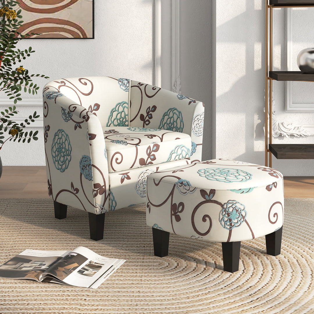 Modern Accent Tub ChairandOttoman Set Fabric Upholstered Club Chair Grey Floral Image 2