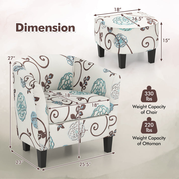 Modern Accent Tub ChairandOttoman Set Fabric Upholstered Club Chair Grey Floral Image 3