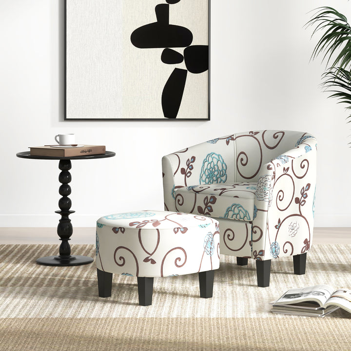 Modern Accent Tub ChairandOttoman Set Fabric Upholstered Club Chair Grey Floral Image 4