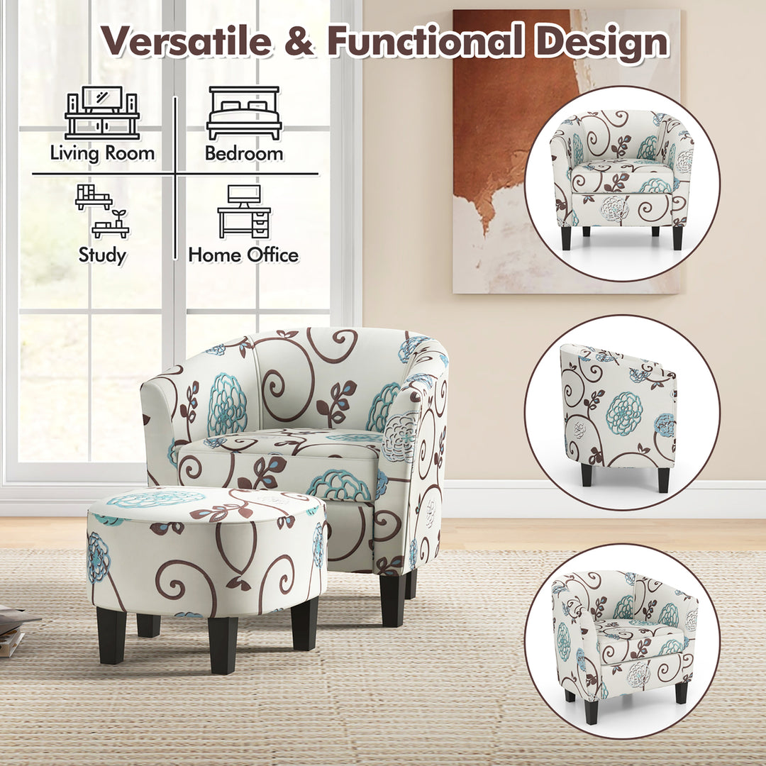 Modern Accent Tub ChairandOttoman Set Fabric Upholstered Club Chair Grey Floral Image 6