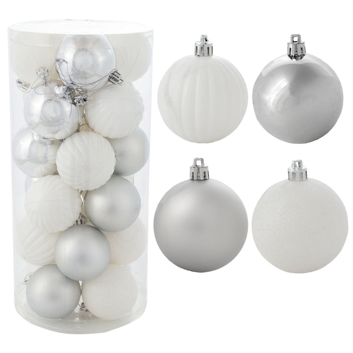 Sunnydaze Merry Medley 24-Piece Plastic Ornament Set - 60 mm - White/Silver Image 1