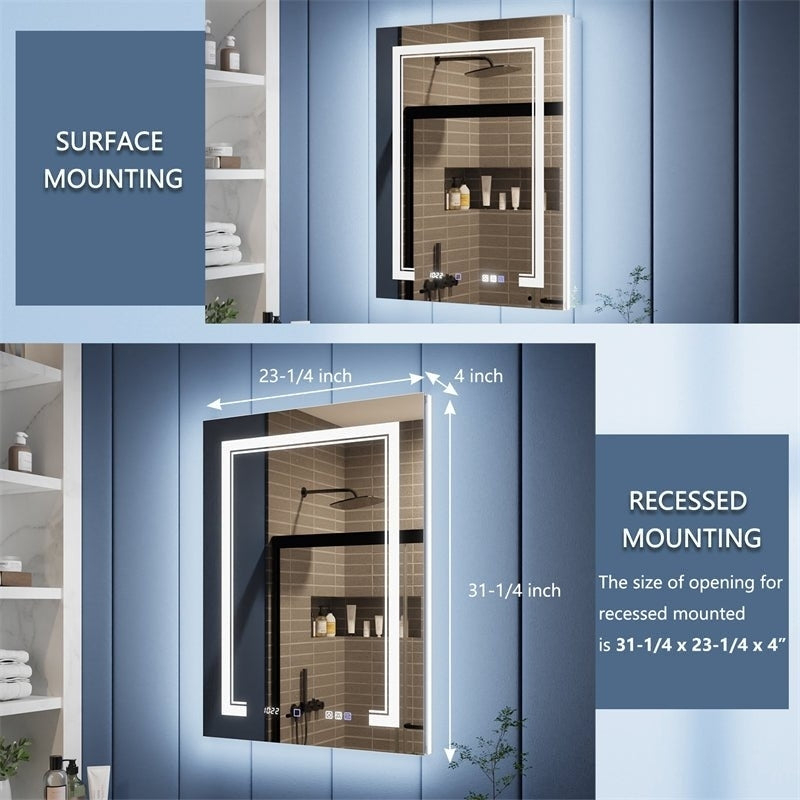 Illusion-B 24" x 32" LED Lighted Inset Mirrored Medicine Cabinet with Magnifiers Front and Back Light,Hinge on Left Image 2