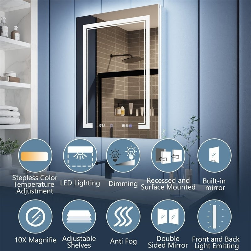 Illusion-B 24" x 32" LED Lighted Inset Mirrored Medicine Cabinet with Magnifiers Front and Back Light,Hinge on Left Image 7