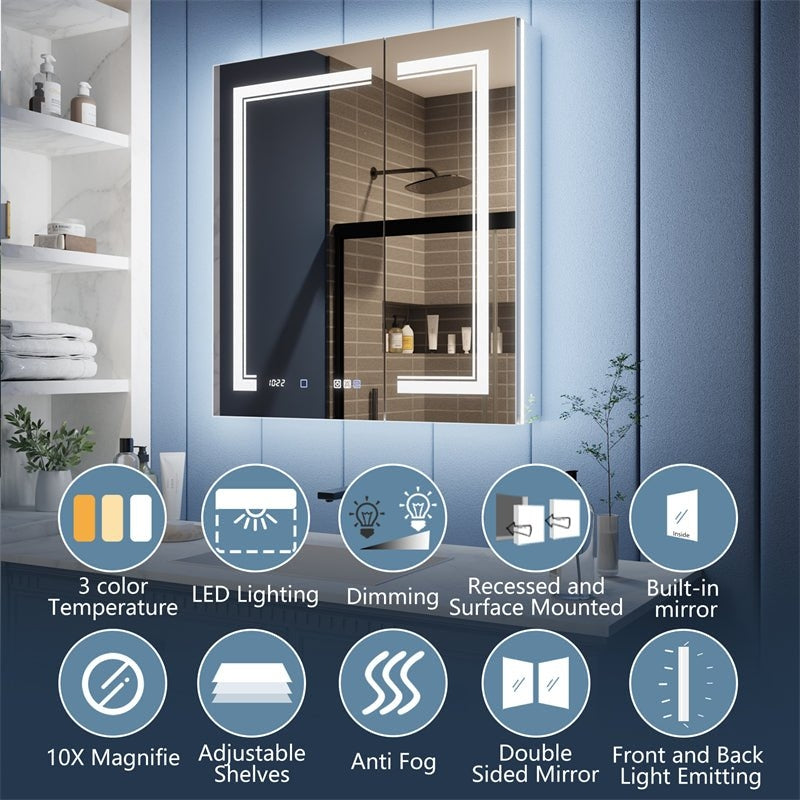 Illusion-B 30x32 LED Lighted Inset Mirrored Medicine Cabinet with Magnifier Image 5