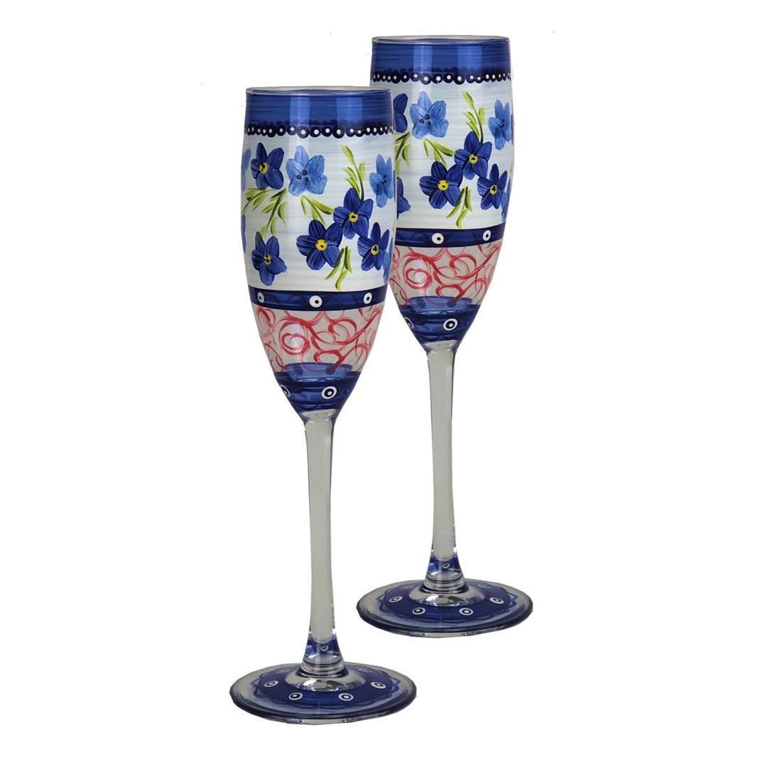 Barcelona Blue Flowers Champagne Hand Painted Glassware Image 1