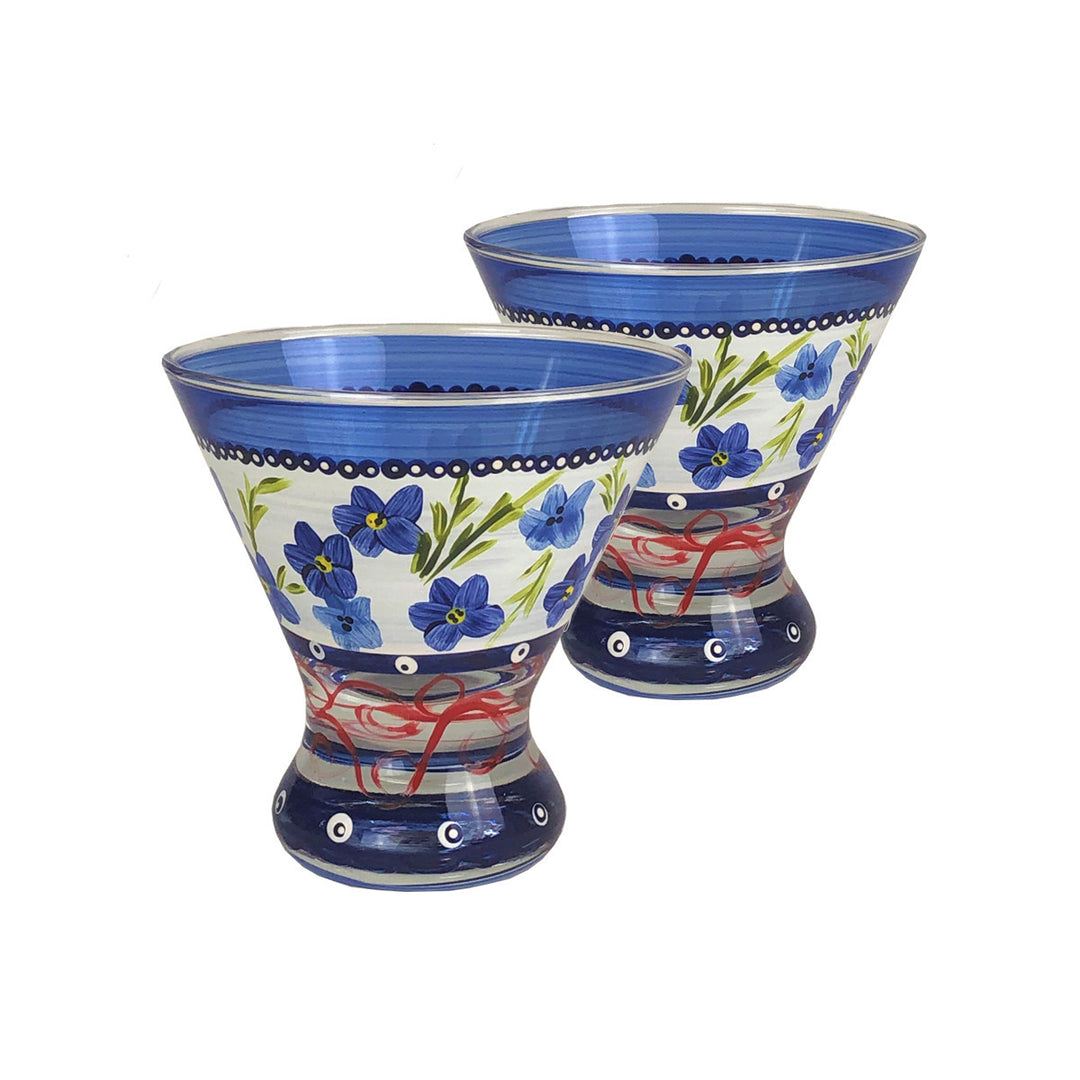 Barcelona Blue Flowers Cosmopolitan Set of 2 Hand Painted Glassware Image 1