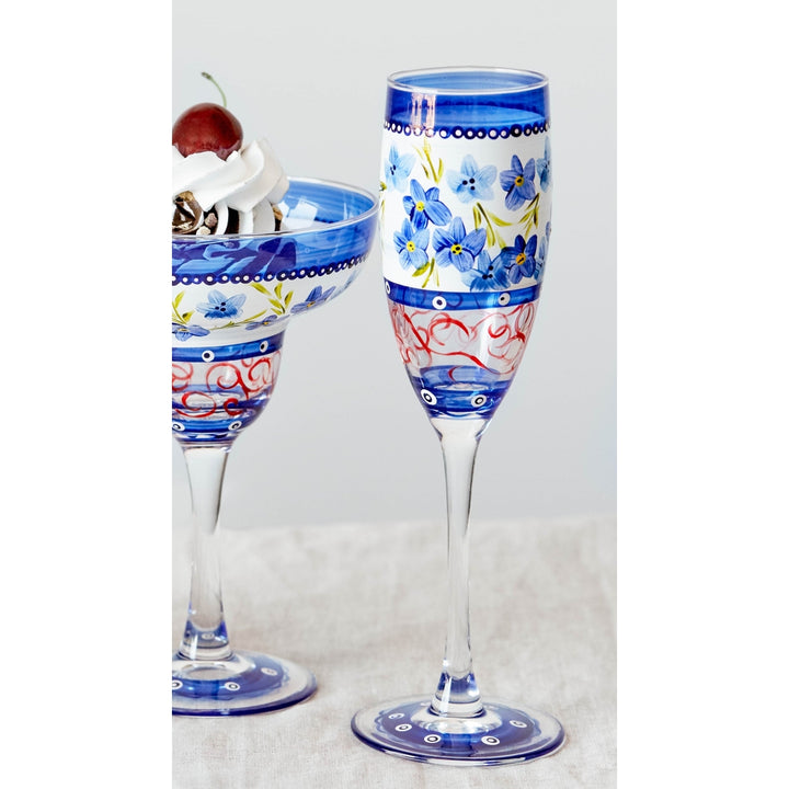 Barcelona Blue Flowers Champagne Hand Painted Glassware Image 3