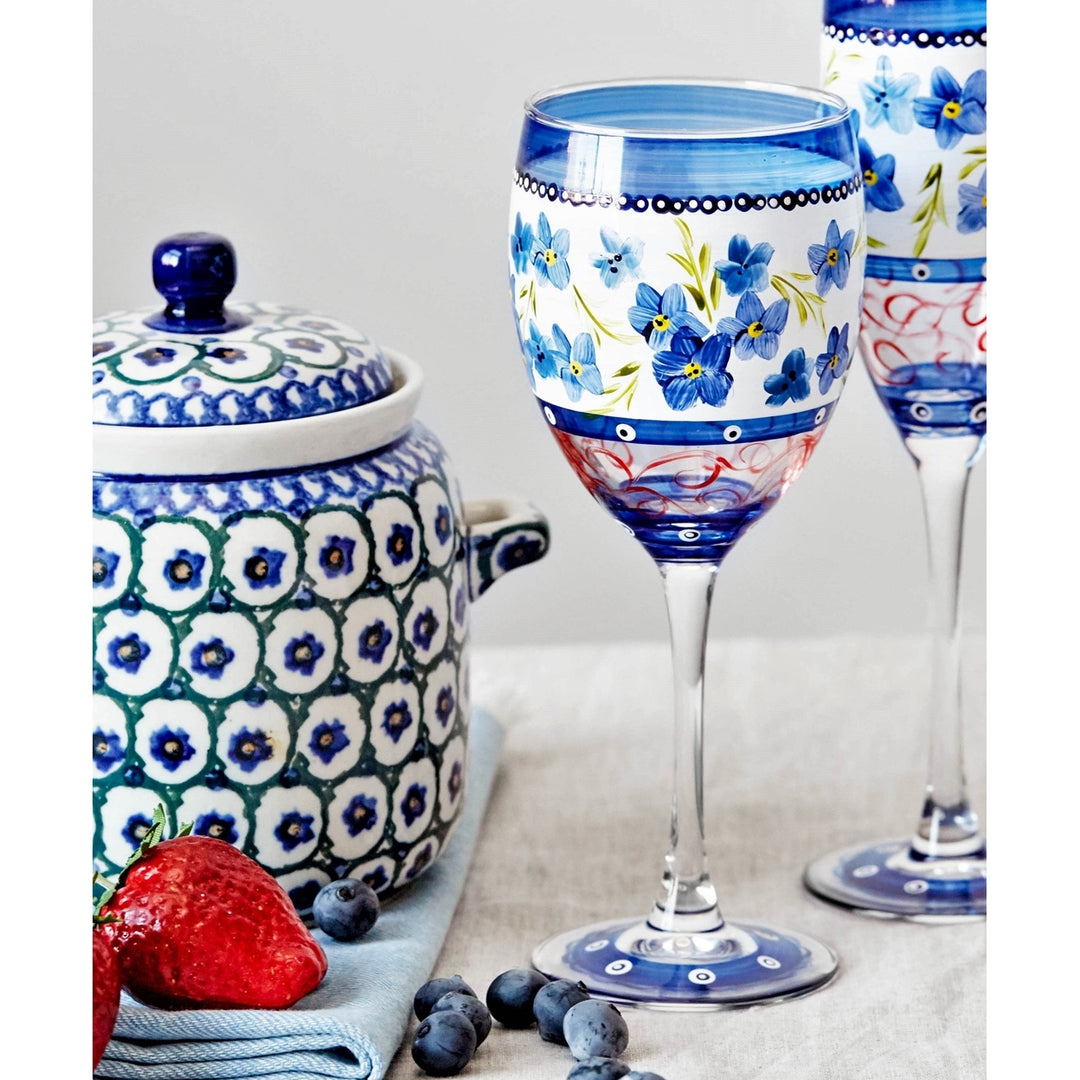 Barcelona Blue Flowers Wine S/2 Hand Painted Glassware Image 3