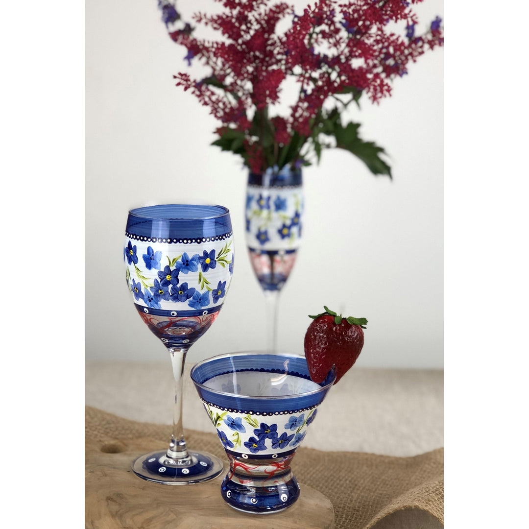 Barcelona Blue Flowers Cosmopolitan Set of 2 Hand Painted Glassware Image 5