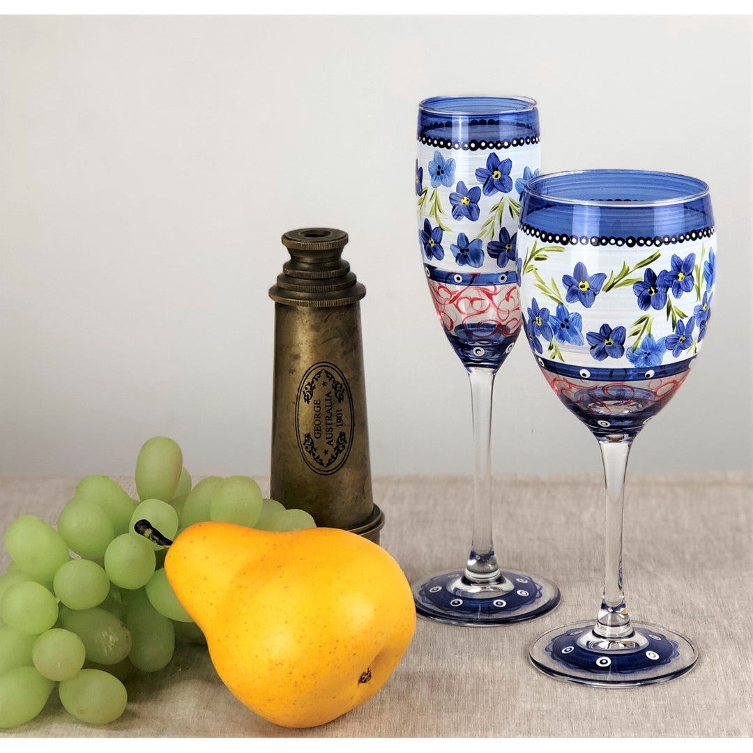 Barcelona Blue Flowers Wine S/2 Hand Painted Glassware Image 5