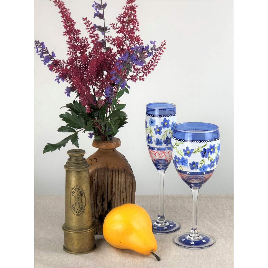 Barcelona Blue Flowers Champagne Hand Painted Glassware Image 7