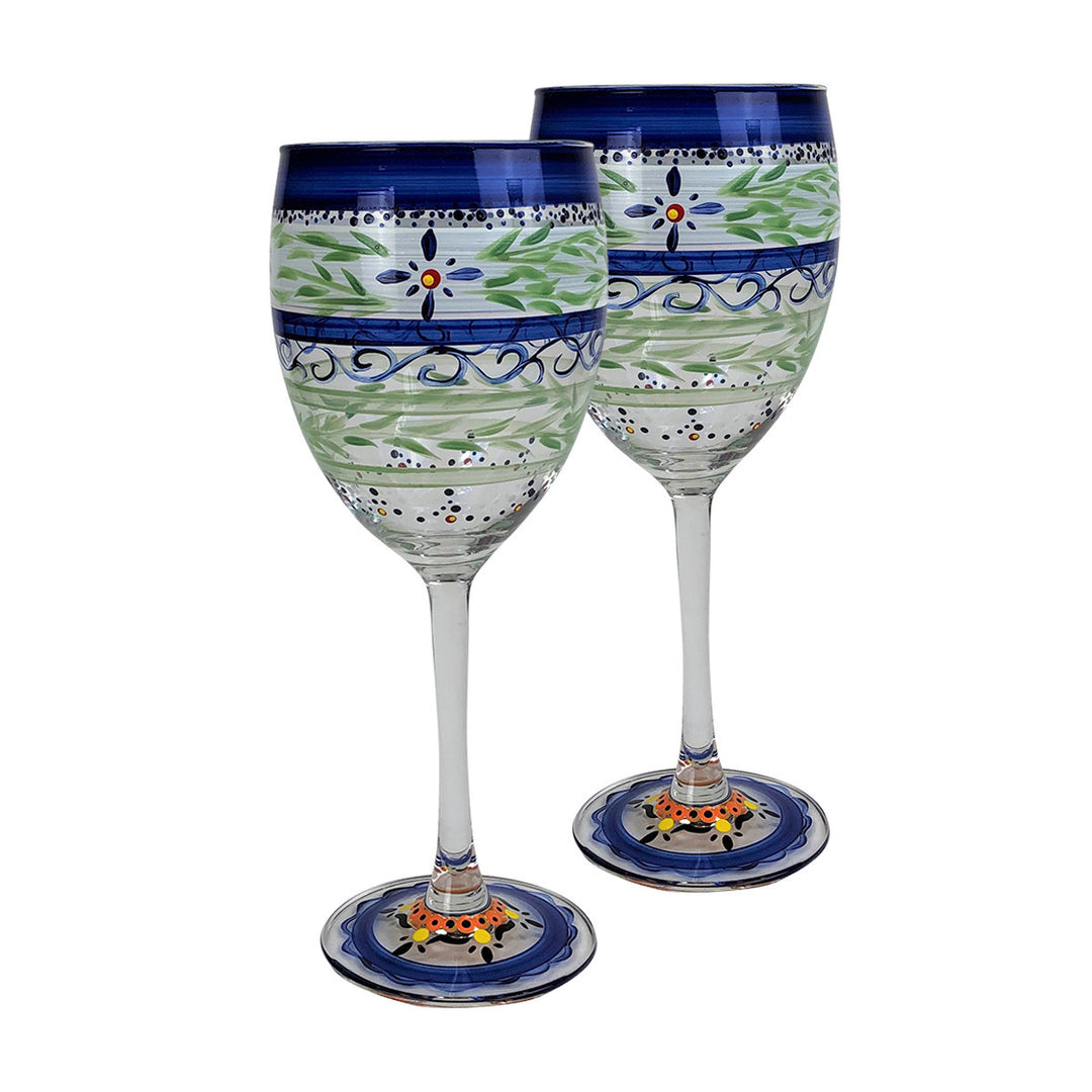 Barcelona Blue Wine S/2 Hand Painted Glassware Image 1