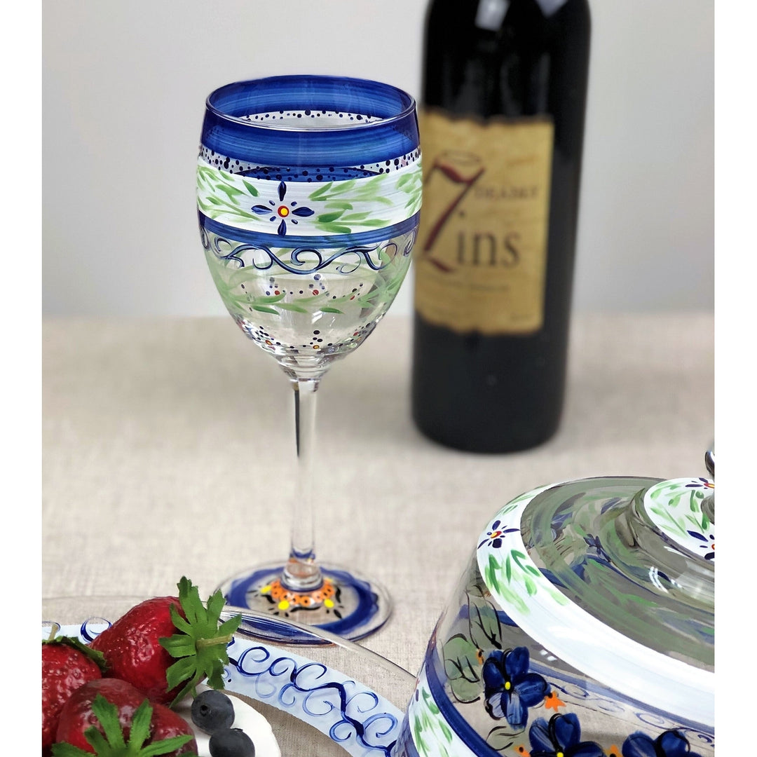 Barcelona Blue Wine S/2 Hand Painted Glassware Image 2