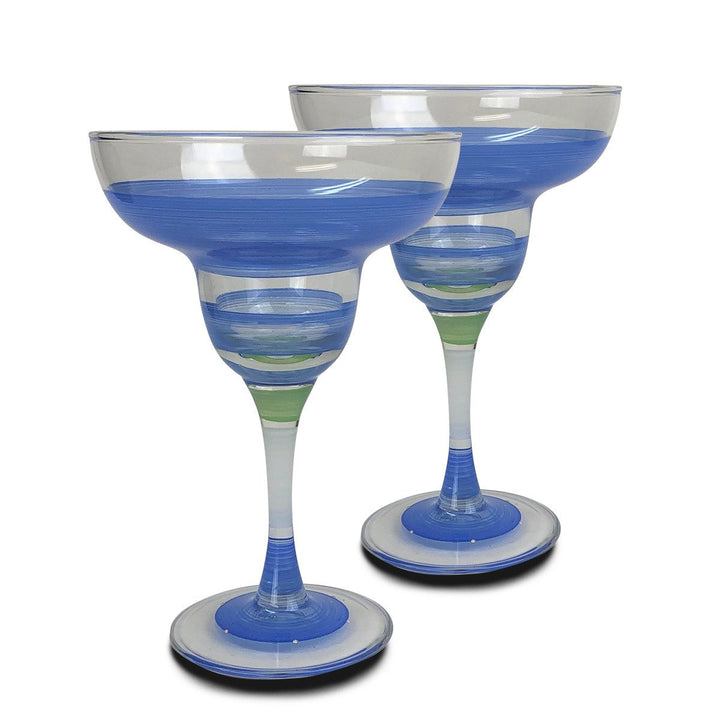 Hand Painted Glassware Cape Cod Cottage Stripe Blue Margarita Set of 2 Image 1