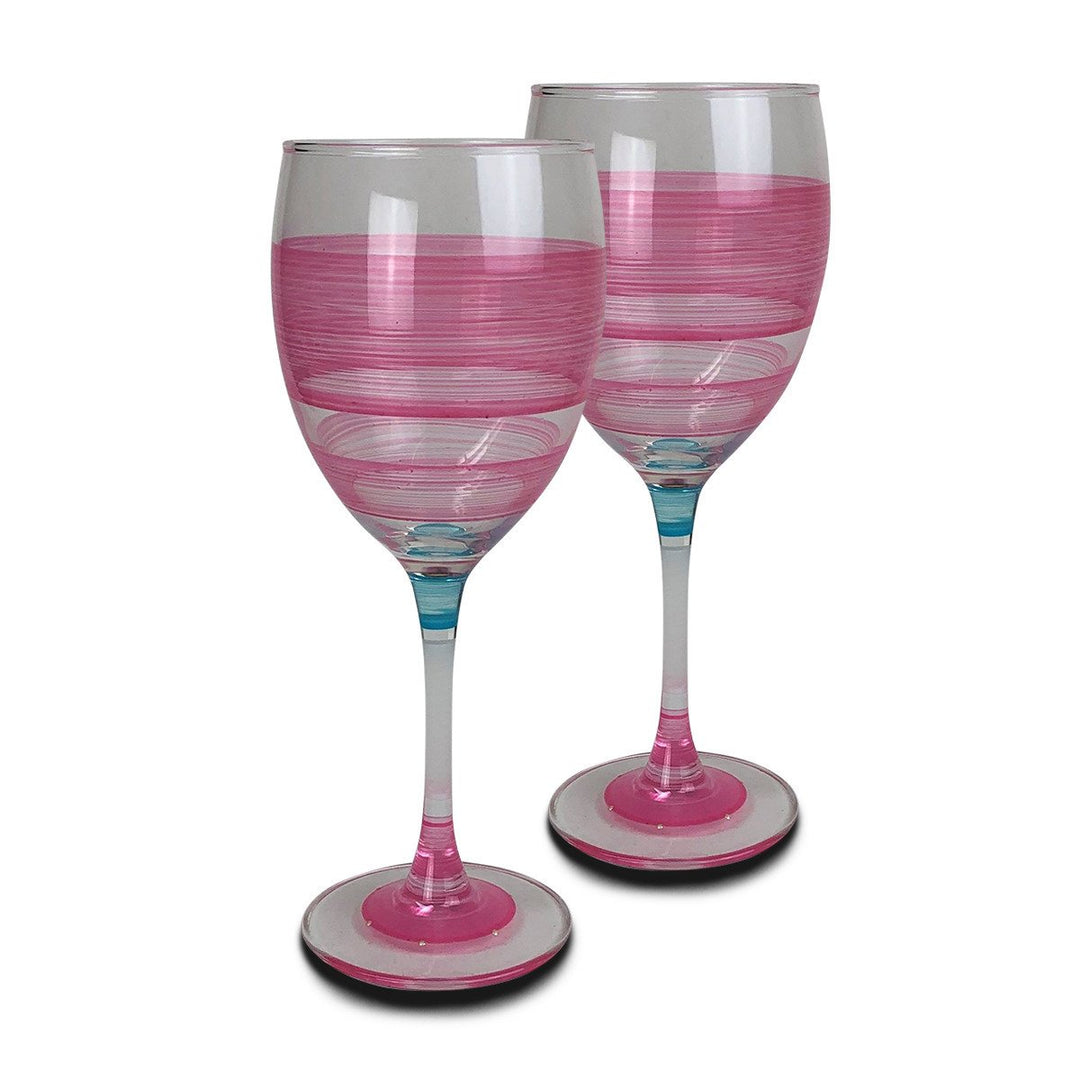 Hand Painted Glassware Cape Cod Cottage Stripe Pink Wine Set of 2 Image 1