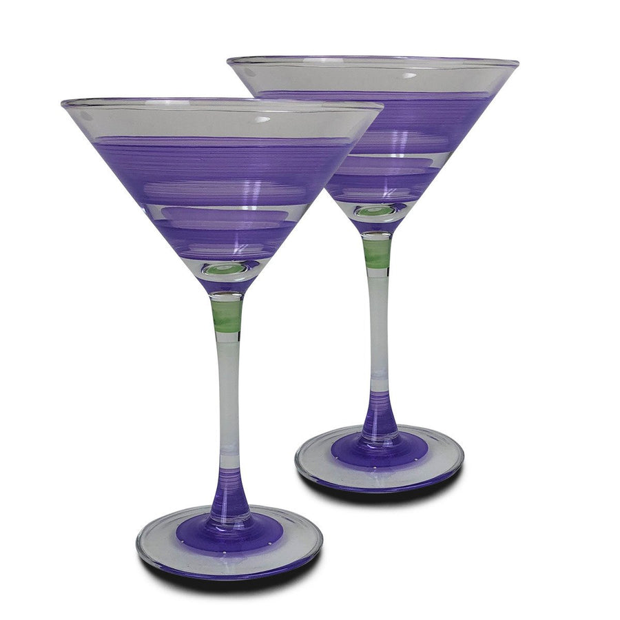 Hand Painted Glassware Cape Cod Cottage Stripe Purple Martini Set of 2 Image 1