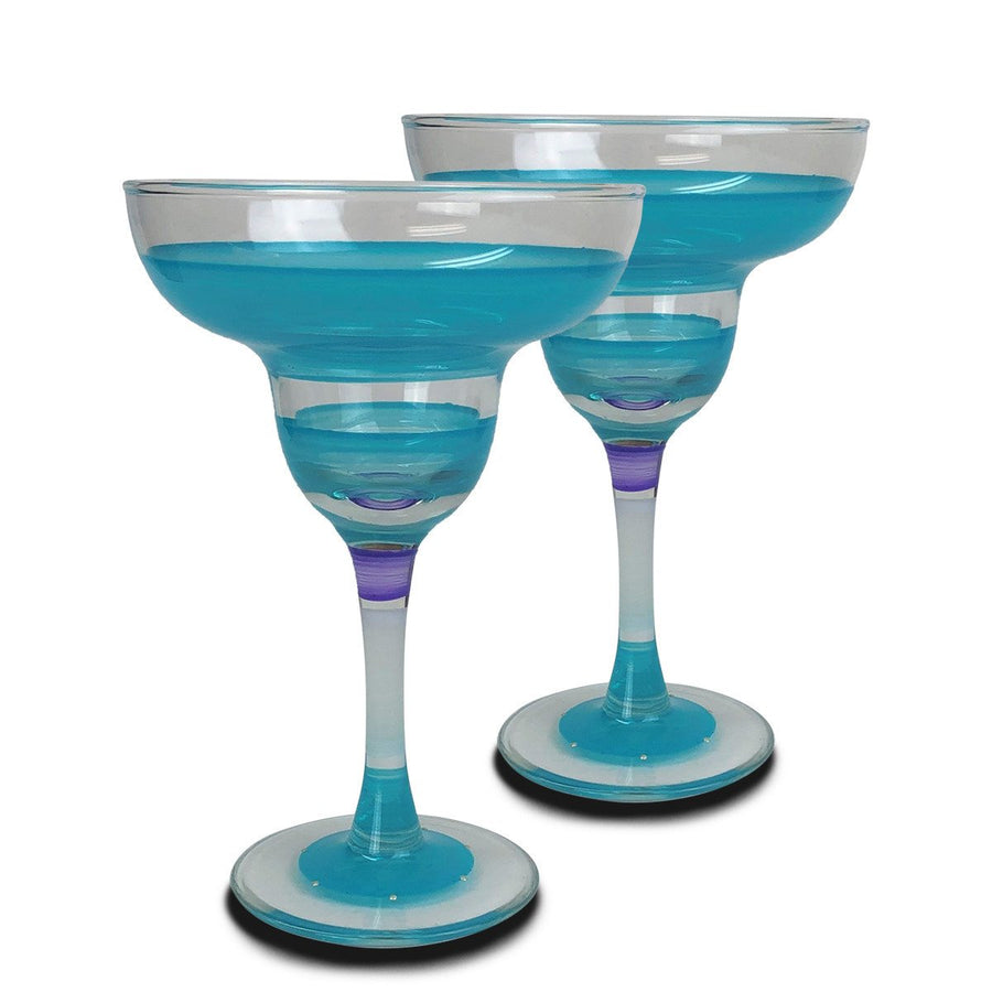 Hand Painted Glassware Cape Cod Cottage Stripe Turquoise Margarita Set of 2 Image 1