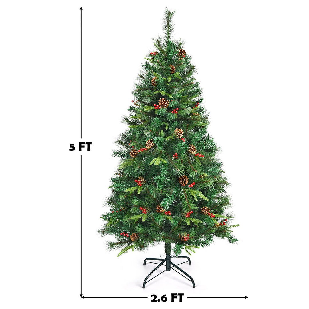 5Ft Pre-lit Hinged PE Artificial Christmas Tree w/ 150 LED Lights and Pine Cones Image 2