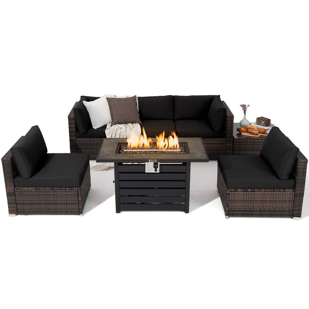 7PCS Patio Rattan Furniture Set 42 Fire Pit Table w/ Cover Cushioned Image 9