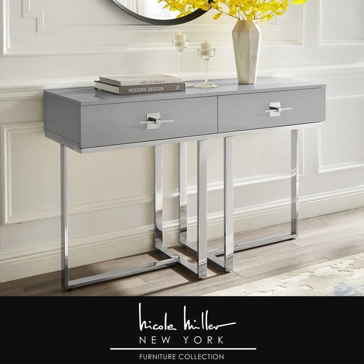 Nicole Miller Console Table High Gloss Lacquer Polished Stainless Steel 2 Drawers Image 2