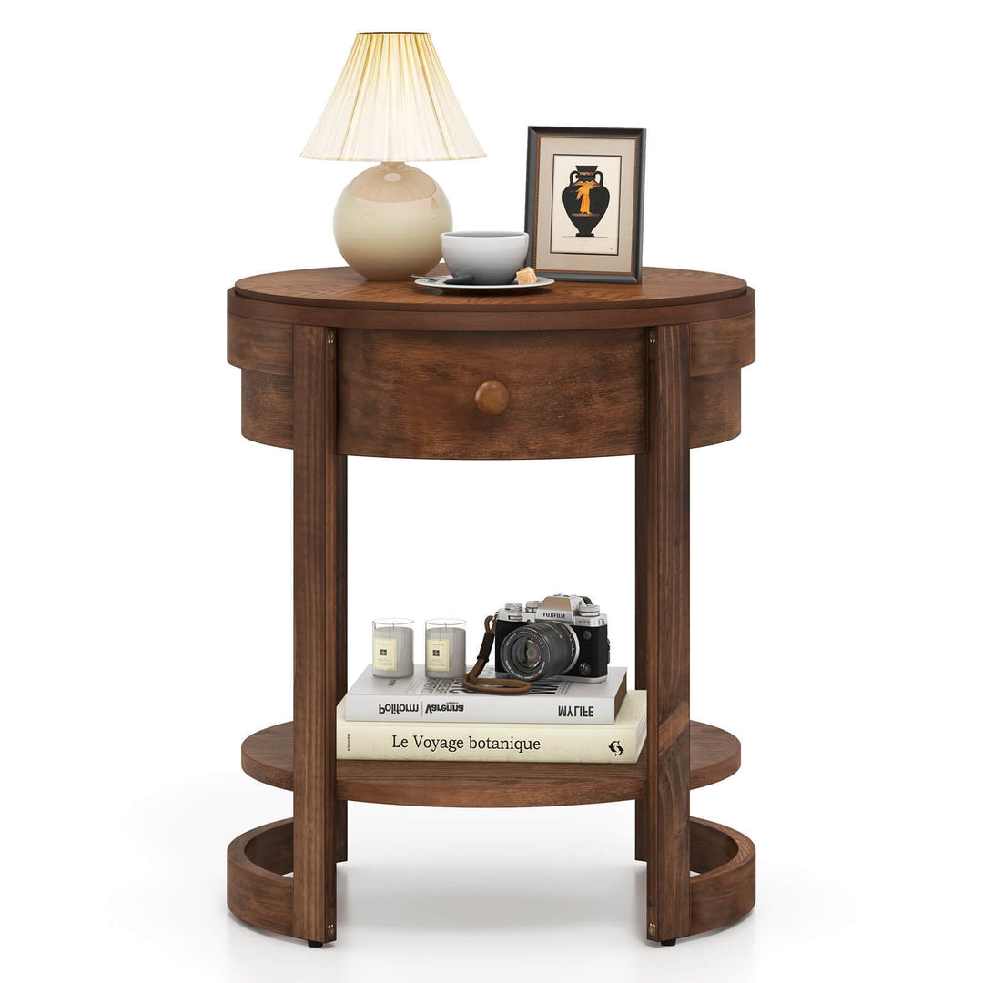 2-Tier Nightstand w/ Shelf and Wood Grains Drawer Round End Table for Living Room Image 1