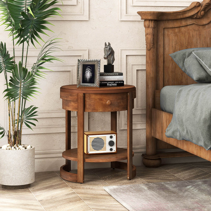 2-Tier Nightstand w/ Shelf and Wood Grains Drawer Round End Table for Living Room Image 2