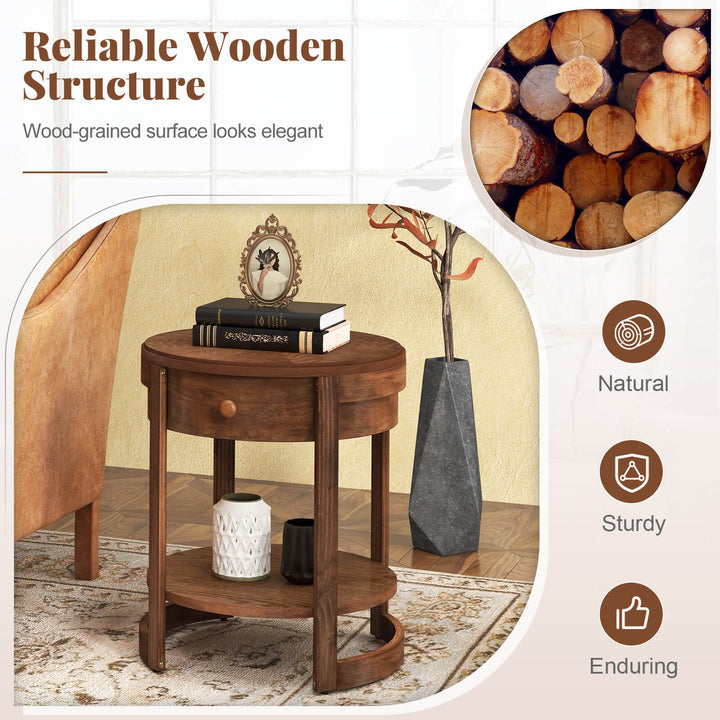 2-Tier Nightstand w/ Shelf and Wood Grains Drawer Round End Table for Living Room Image 4