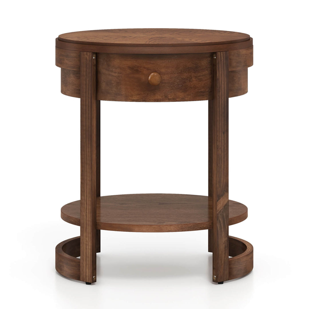 2-Tier Nightstand w/ Shelf and Wood Grains Drawer Round End Table for Living Room Image 6