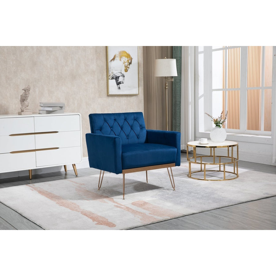 Modern Tufted Velvet Armchair Single Sofa with Gold Metal Legs for Living Room Bedroom Navy Image 1