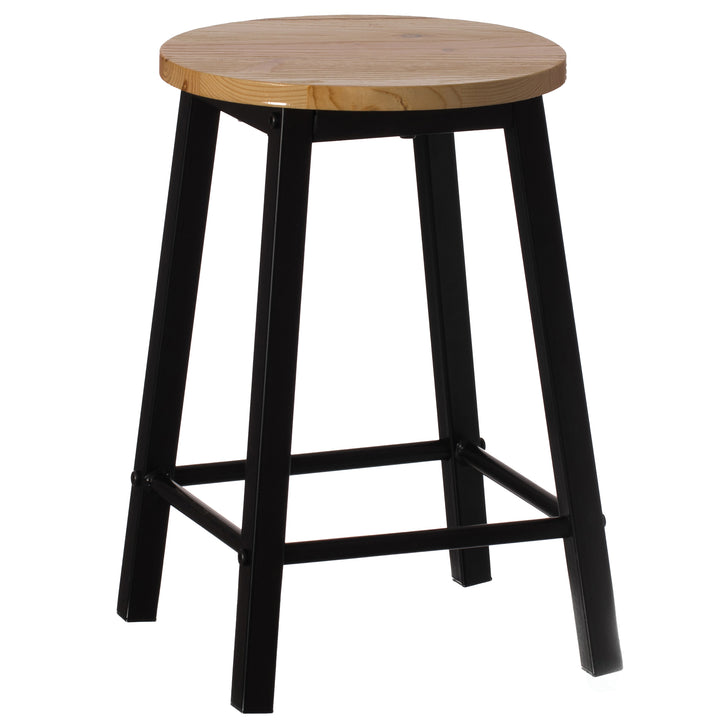 Rustic 28 Inch Wooden Round Bar Stool with Footrest Metal Indoor Outdoor Seating Image 9