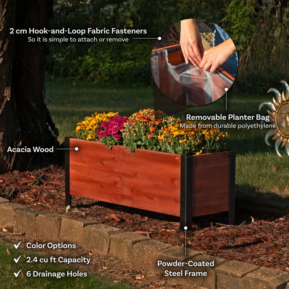 Sunnydaze Acacia Wood Raised Garden Bed with Planter Bag - 14.75" H - Brown Image 2