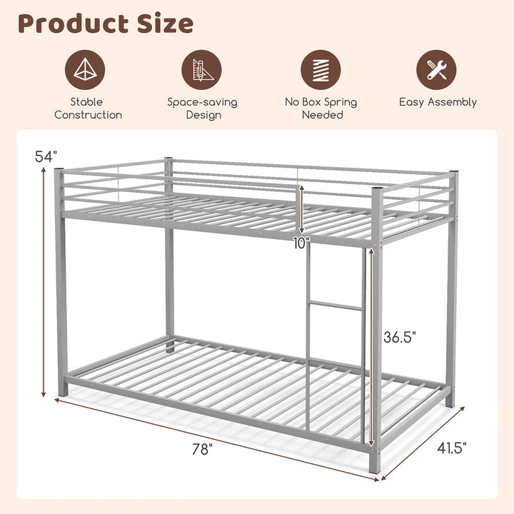 Twin Over Twin Low Metal Bunk Bed with Ladder Guardrails for Teens Adults Image 3