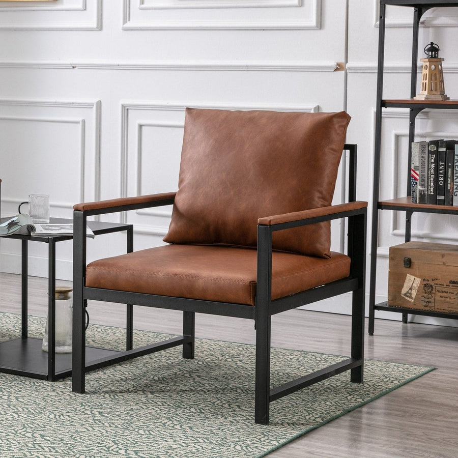 Modern Faux Leather Accent Chair with Black Metal Frame for Living Room and Bedroom, Stylish Orange Single Sofa Image 1