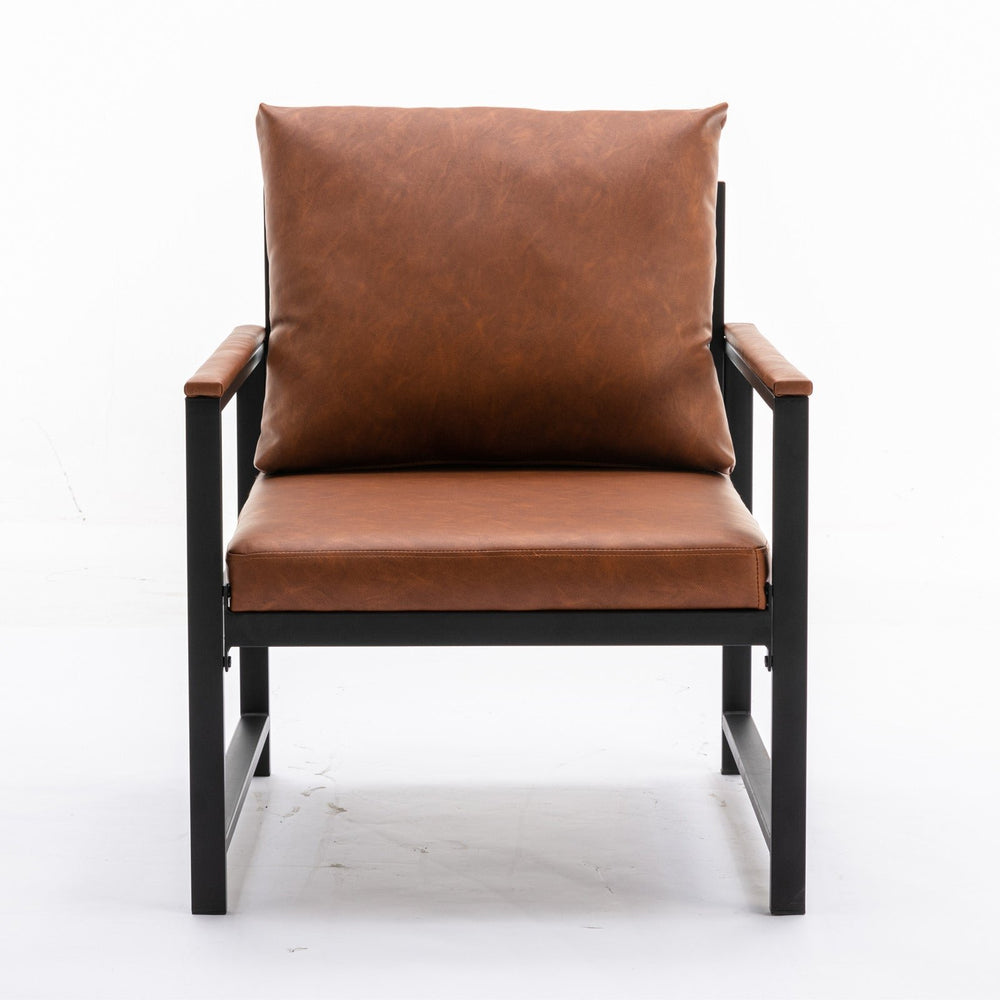 Modern Faux Leather Accent Chair with Black Metal Frame for Living Room and Bedroom, Stylish Orange Single Sofa Image 2