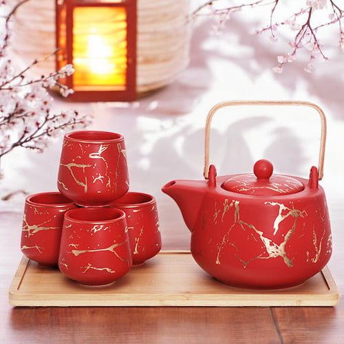 Ceramic Red Marble Tea Set with Strainer and Bamboo Tray, Japanese Tea Ceremony, Tea Lover Gift, Image 1