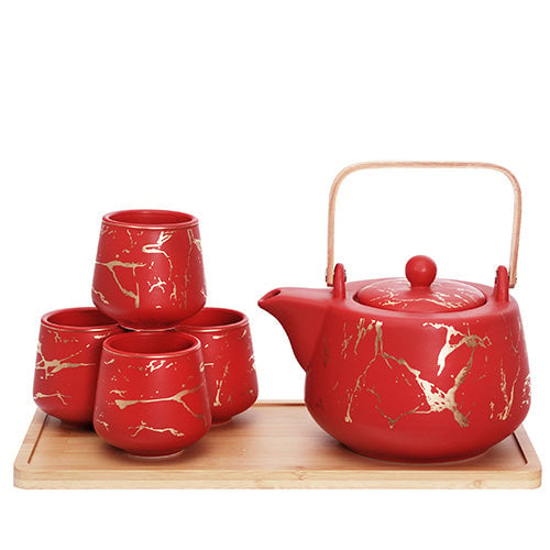 Ceramic Red Marble Tea Set with Strainer and Bamboo Tray, Japanese Tea Ceremony, Tea Lover Gift, Image 2