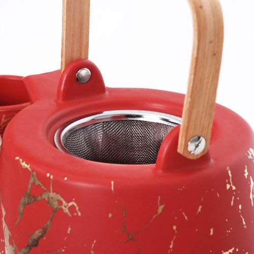 Ceramic Red Marble Tea Set with Strainer and Bamboo Tray, Japanese Tea Ceremony, Tea Lover Gift, Image 3